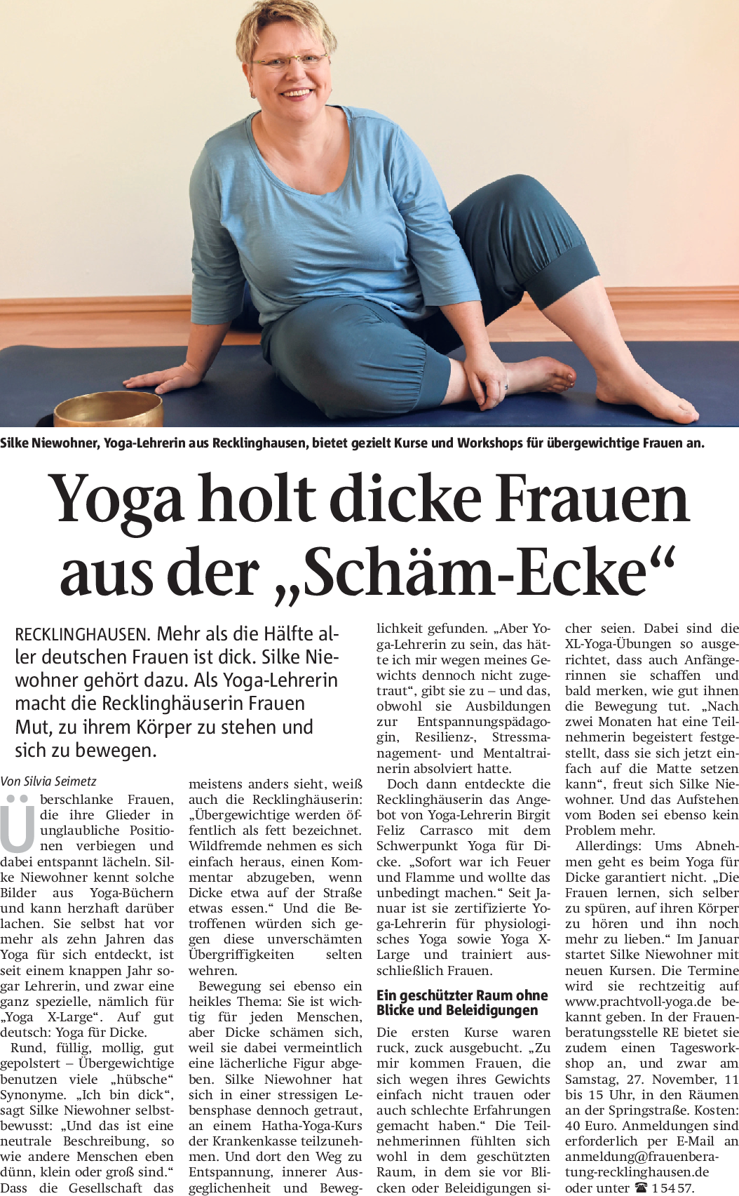 Zeitungsartikel zum Thema Sport für übergewichtige Frauen in Recklinghausen. Titel: Yoga holt dicke Frauen aus der "Schäm-Ecke" (Aus RZ 16.11.2021)