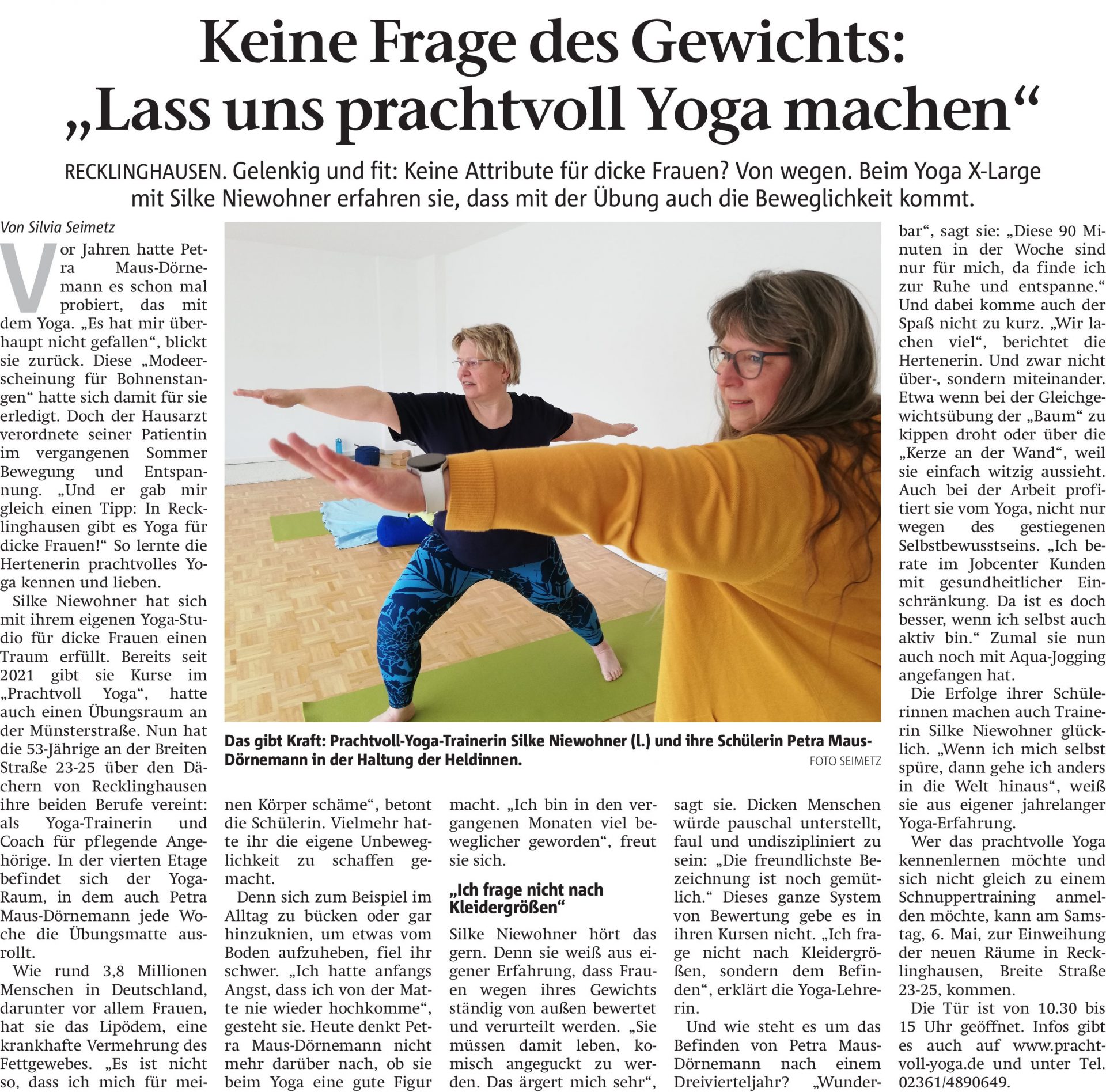Zeitungsartikel zum Thema Yoga Frauen in Recklinghausen. Titel: Keine Frage des Gewichts: "Lass uns prachtvoll Yoga machen" (Aus RZ 24.04.2023)